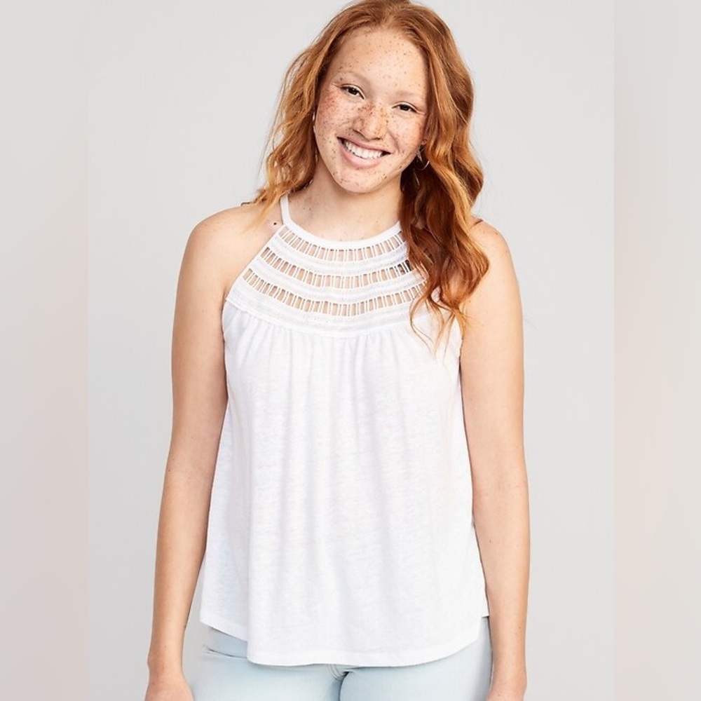 Old Navy White Sleeveless Crochet-Trim Linen-Blend Top Plus Size XXL